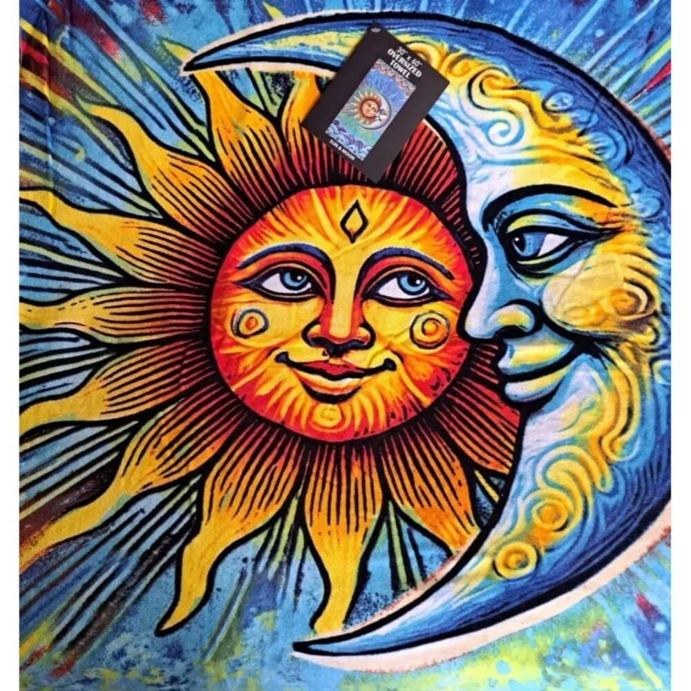 Sun & And Moon Towel Bath Beach Pool Gift Celestial Faces Merge 30x60 Waves Sky